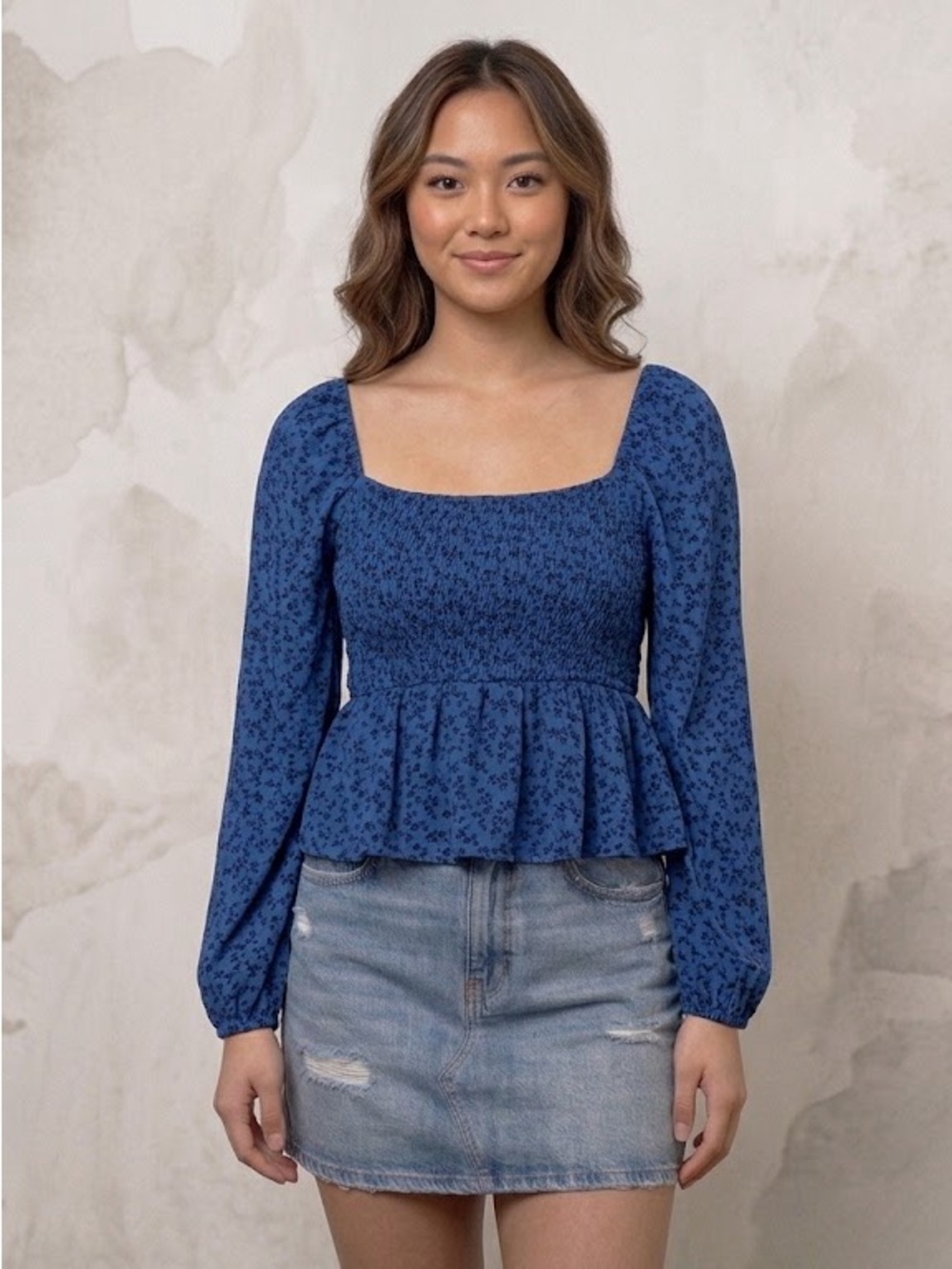 Hollister Floral Smocked Peplum Top Long Sleeve Square Neck